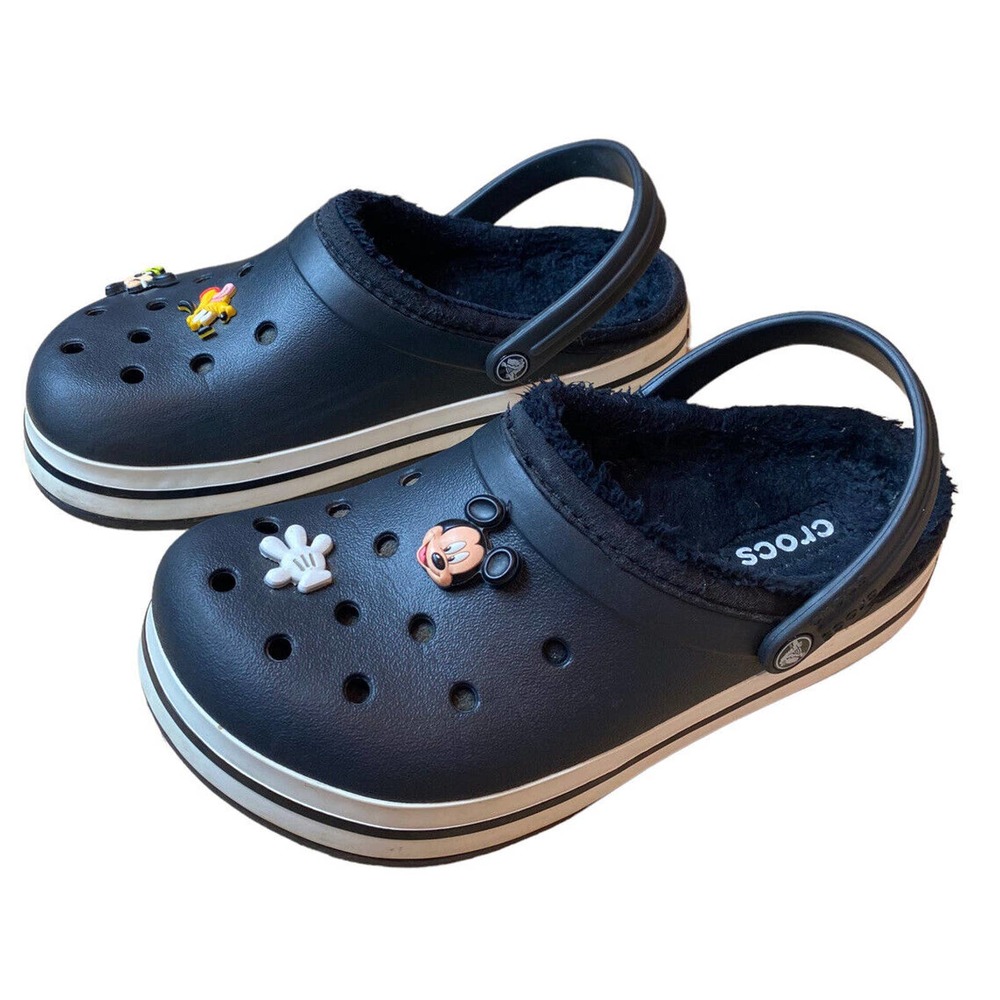 Crocs Women’s Size 9 M-7 Black Crocband Mammoth Lined Disney Charm Slip On Clogs